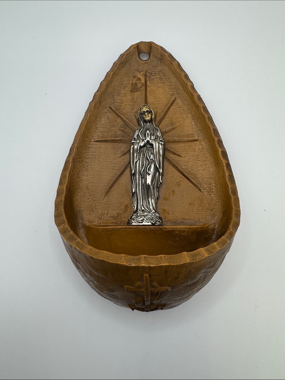 Vintage Resin Virgin Mary Wall Holy Water Font | Wood Look Silver Tone Figurine